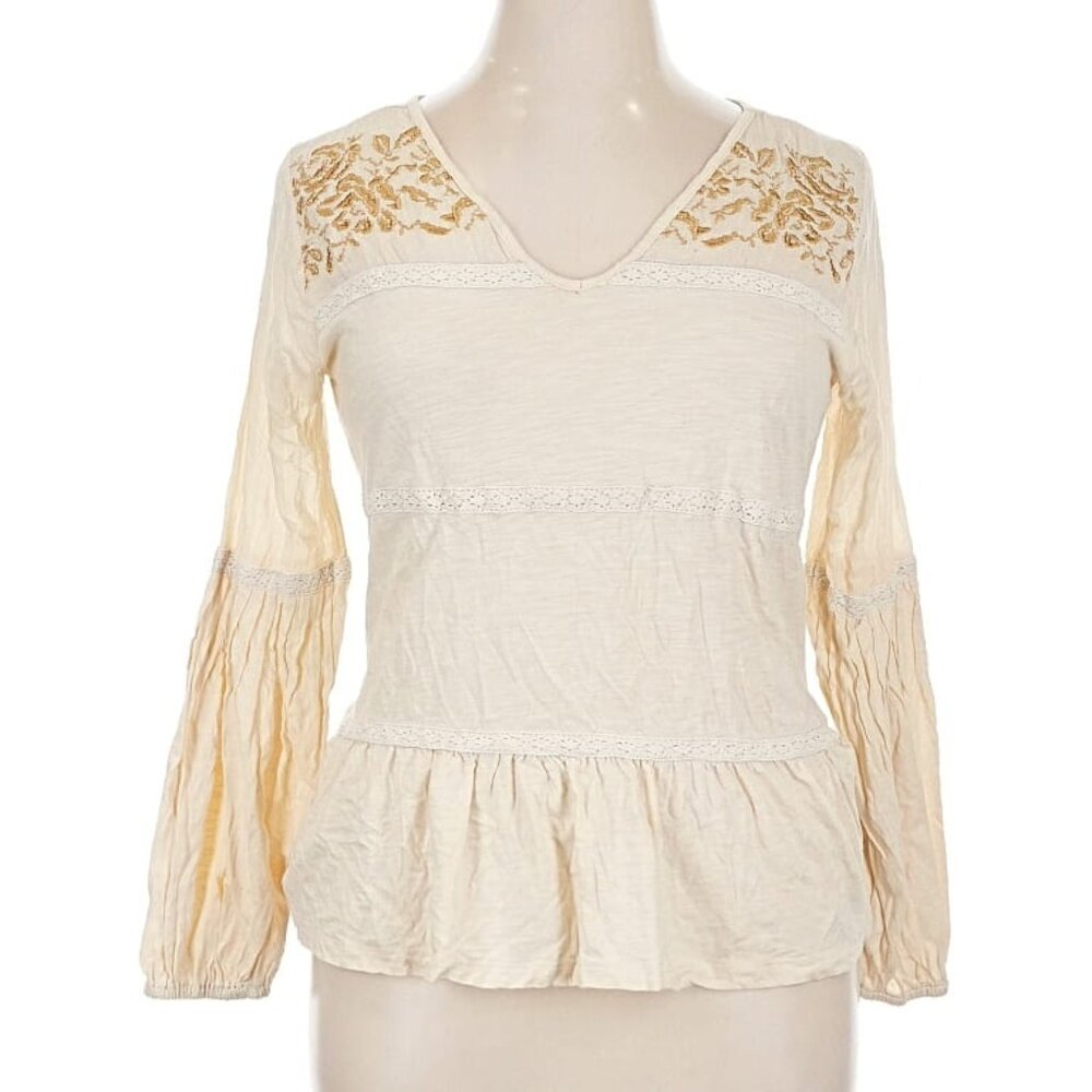 Cruel Long-Sleeve T-Shirt; Neutral Cream w/ Embroidery; Good Condition; V Neck